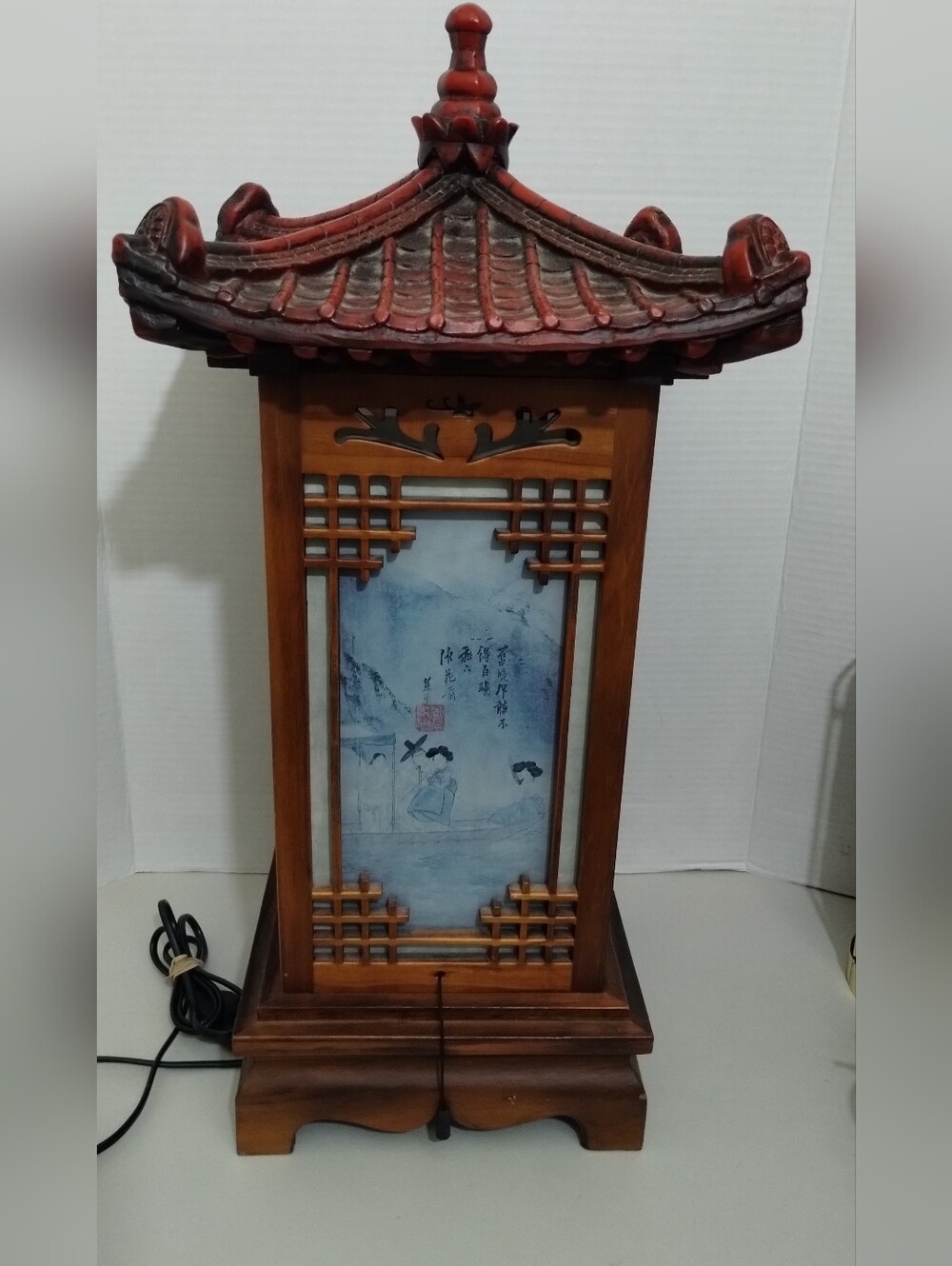 Asian Pagoda Table Lamp Wood Carved And Hand Painted Brown and Red